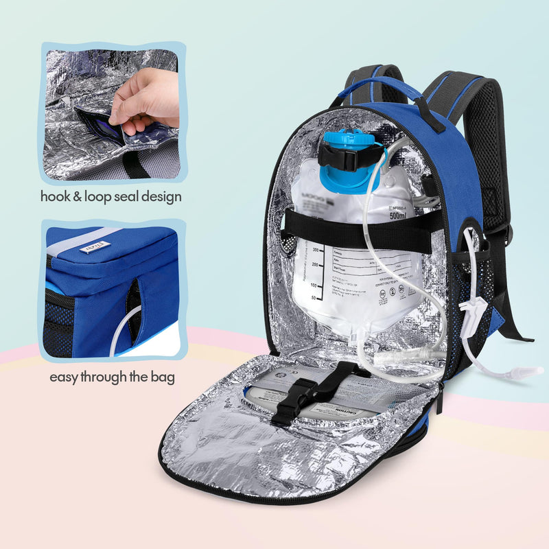 [Australia - AusPower] - LUXJA Feeding Tube Backpack for G Tube, J Tube and GJ Tube, Feeding Pump Backpack Fits 500ml Feeding Bag and Enteral Feeding Pump (Compatible with EnteraLite Infinity and Kangaroo Joey), Blue 