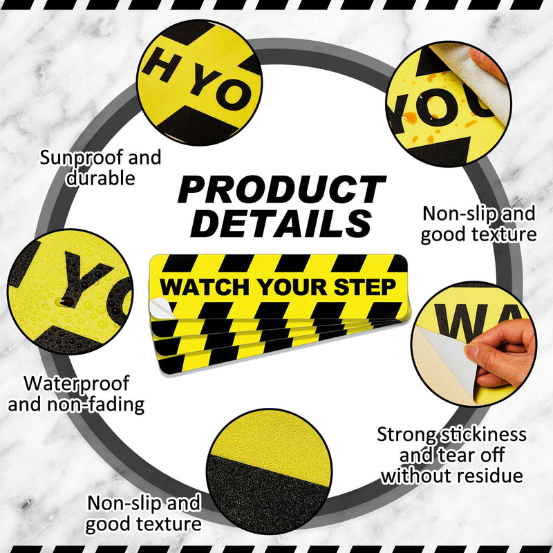 Fulmoon 4 Pcs 20 x 5 Inch Watch Your Step Stickers Tape, Watch Your Step Sign, Self Adhesive Anti Slip Water Resistance Decals Caution Vinyl Decal for Safety Indoor Outdoor Workplace Wet Floor