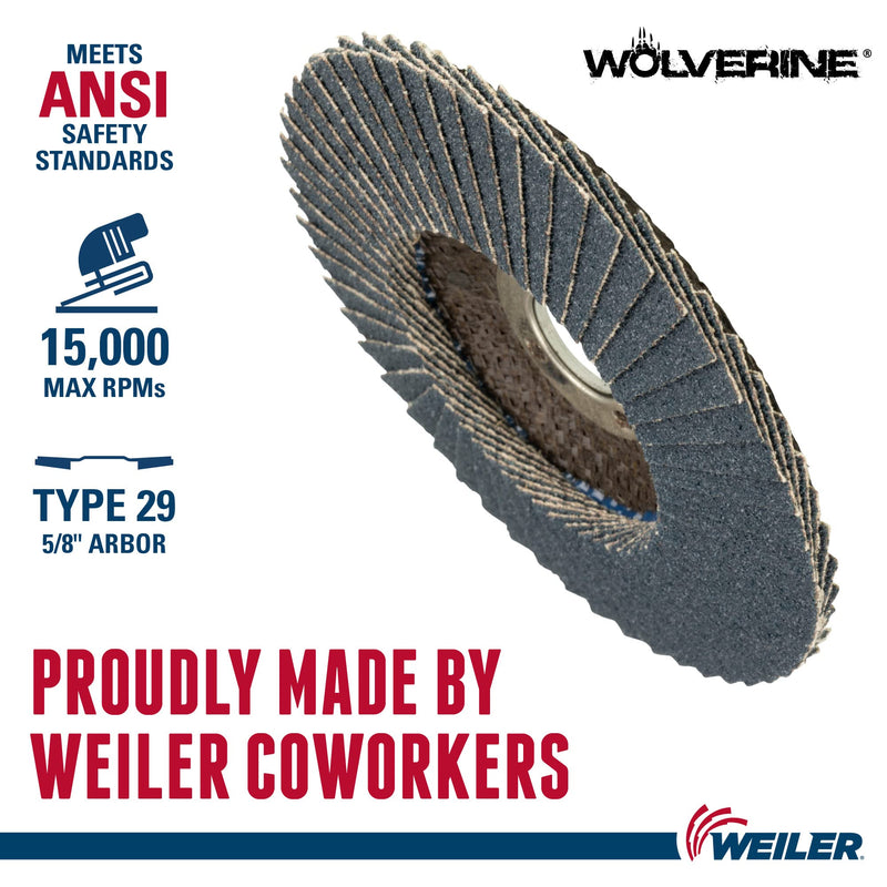 [Australia - AusPower] - Weiler 31339 Wolverine 4" x 5/8" Arbor Hole Abrasive Flap Disc, 60 Grit Zirconia Alumina, Bevel Type 29, Phenolic Backing, Standard Density (Pack of 10) Value Steel / Metal 