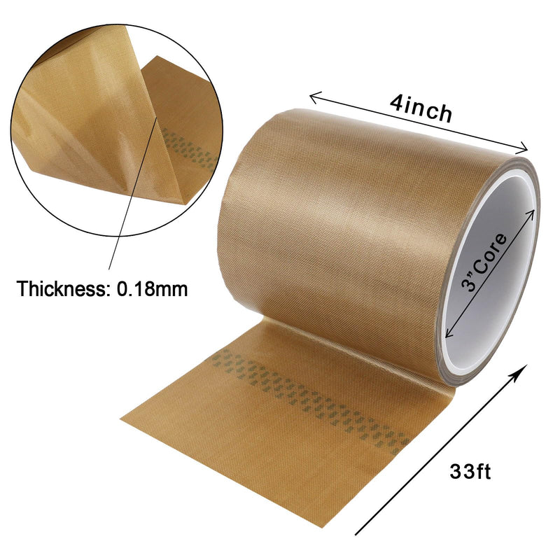 BOMEI PACK Teflone Tape PTFE Glass Cloth Coated, (4-inch x 33 Feet x 0.18mm) High Temperature Fiberglass Adhesive Tape for Vacuum Sealer Machine 4-inch x 33 Feet