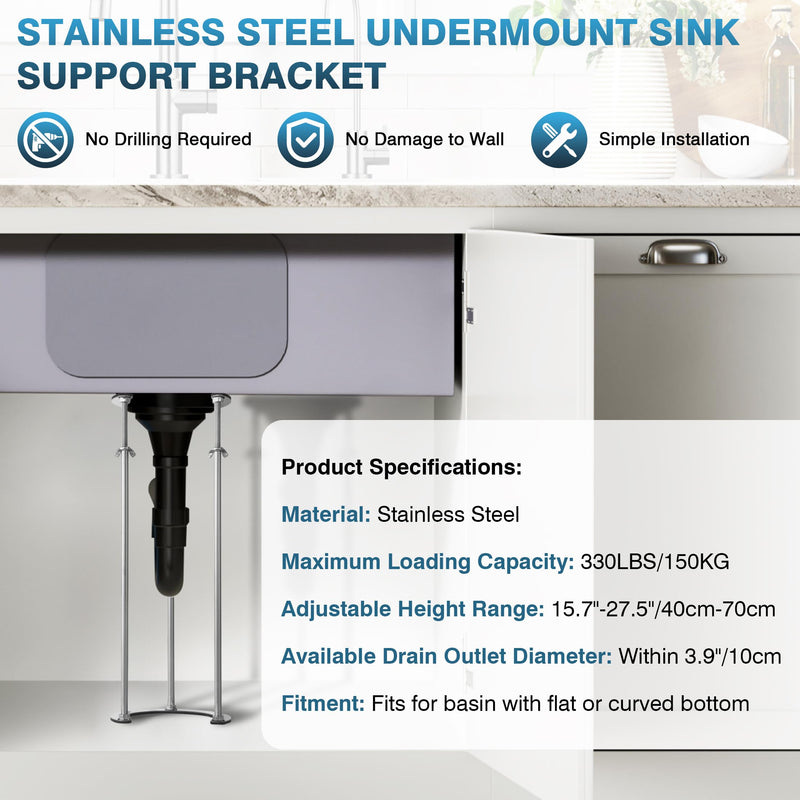 IRONWALLS Undermount Sink Brackets Stainless Steel, 15.7” to 27.5” Adjustable Under Sink Support Brackets, Bathroom Kitchen Sink Support Legs, Sink Repair System 1pc Support Leg (15.7"-27.5" Adjustable)