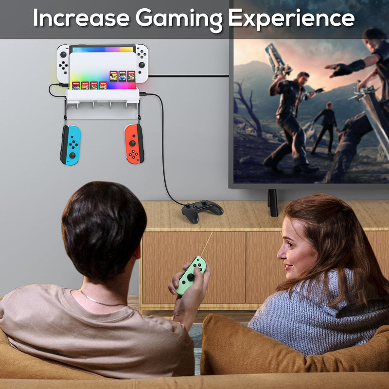 [Australia - AusPower] - YUANHOT Switch Wall Mount for Nintendo Switch and Switch OLED,Games Console Wall Shelf with RGB Light,Station Stand Holder for Charging Dock,7 Game Card,4 Controller Joy Con Accessories Kit Storage White 
