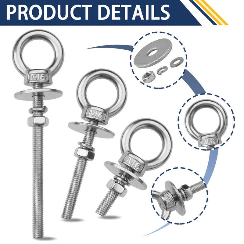 12 Pack M6 Stainless Steel Eye Bolts with Nuts, 1/4" x 2" Long Lifting Ring Eye Bolt， Eye Bolts Heavy Duty for Hang Tie Down Outdoor (12, M6x51mm (1/4"x2")) M6x51mm (1/4"x2") 12