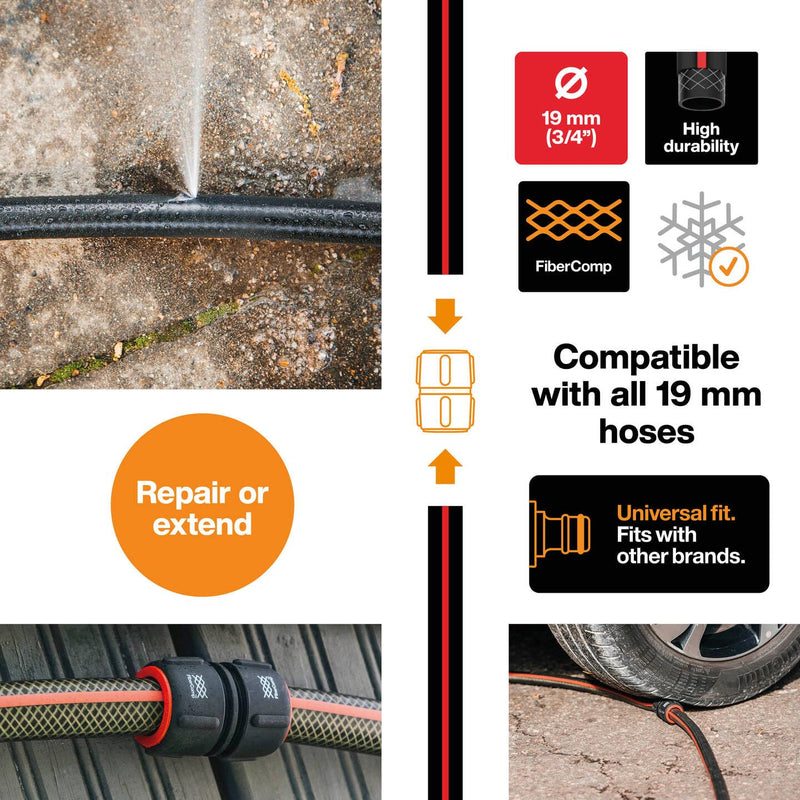 Fiskars Hose repairer, diameter 19 mm (3/4 inch), with color coding system, universal size, FiberComp, 30 g, black/red, 1054785 | Universal size, FiberComp, 30 g, black/red, 1054785 Diameter 19 mm (3/4 inch) Fibercomp