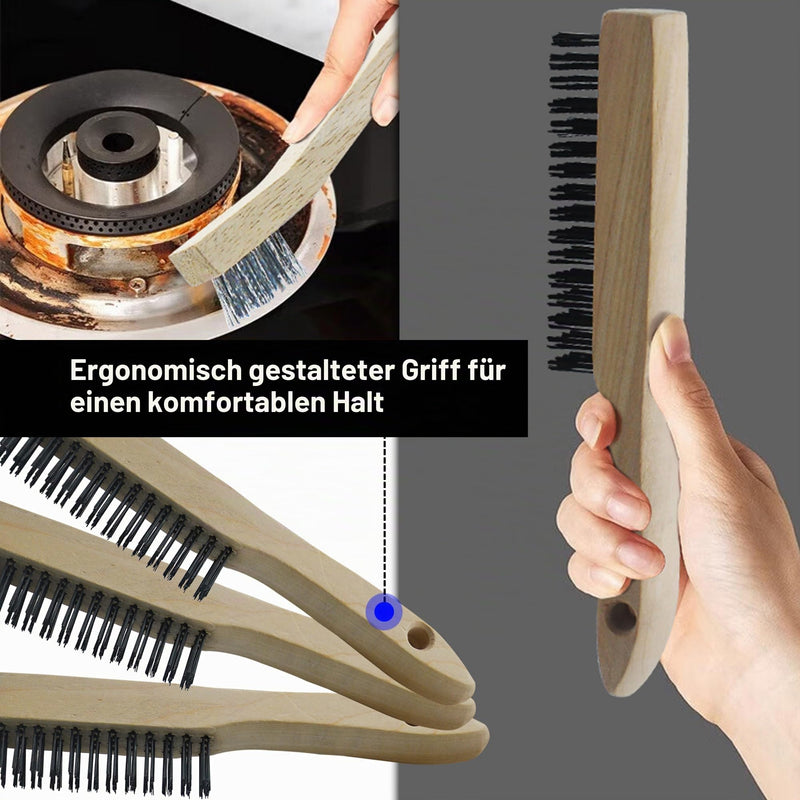 5-Piece Hand Wire Brush Set, Wire Brushes with Wooden Handle, 3 x Large Steel Brush 250 mm, 2 x Small Stainless Steel Brush 205 mm, Metal Brush Hand Wire Brush Set for Metal, Wood, Grill