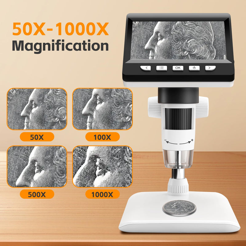 [Australia - AusPower] - Misilmp USB Microscopes, 4.3 Inch Digital LCD Handheld Microscopes 1000X 1080P Microscope for Children/Adults Magnifying Glass Digital Microscope with 8 LED Lights, PC View, Compatible with MacOS 