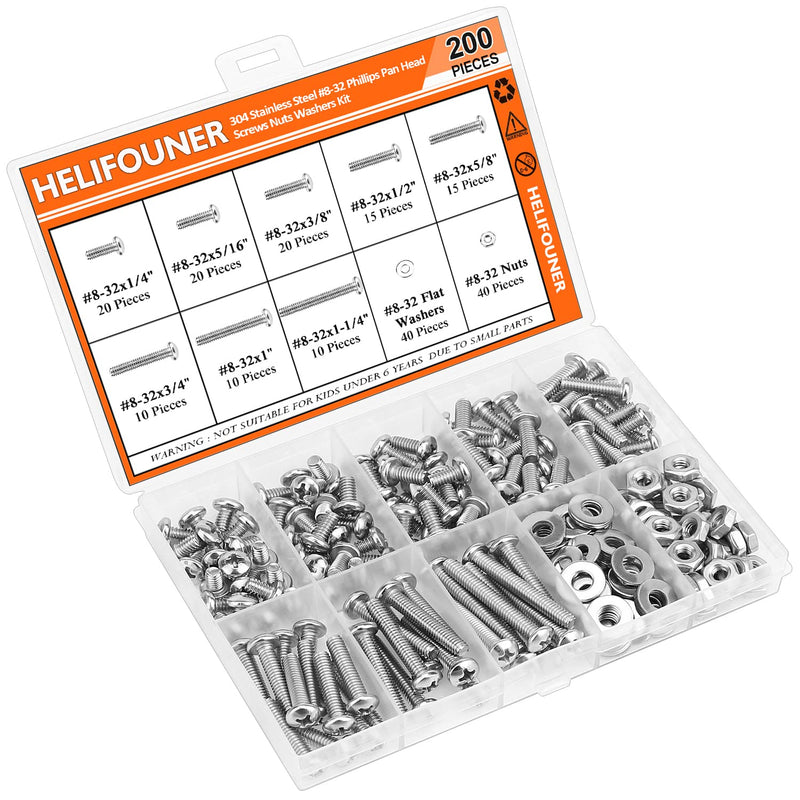 [Australia - AusPower] - 200 Pieces #8-32 Phillips Pan Head Machine Screws Nuts Washers Assortment Kit, Coarse Thread, Fully Machine Threaded, 304 Stainless Steel 