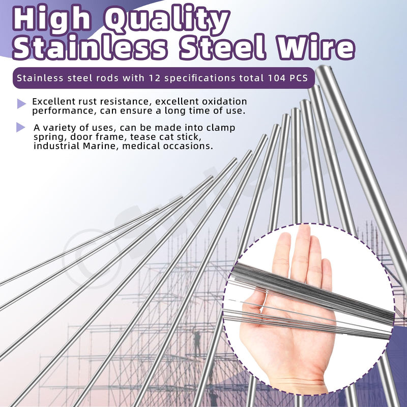 Swpeet 104Pcs 12 Sizes 0.3 mm, 0.4 mm, 0.5 mm, 0.6 mm, 0.8 mm, 1 mm, 1.2 mm, 1.4 mm, 1.6 mm, 1.8 mm, 2 mm, 3 mm 40cm-16" Length Stainless Steel Rods Sets