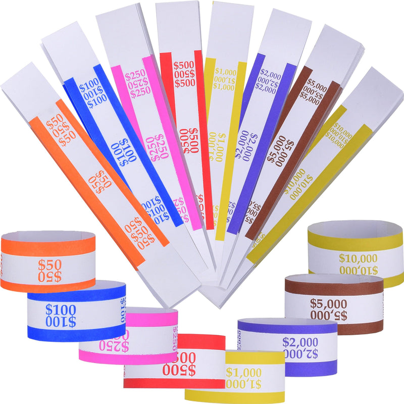 Queensell Pack of 800 Money Bands for Cash, Currency Straps, Money Straps for Bills, Cash Bands, Dollar Bill Wrappers to Organize Cash - Self-Adhesive Money Band, 8 Colors - 100 of Each Denomination Pack of 800 - 100 of Each