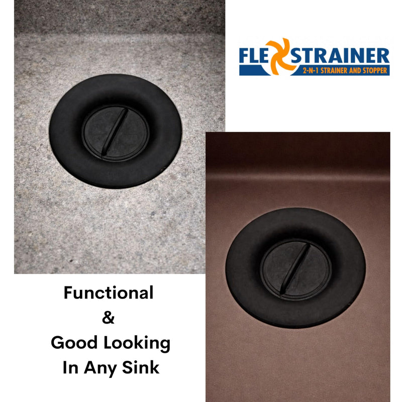 Flex Strainer® Sink Drain Strainer with Optional Stopper – No Center Stem, Fits Standard 3½” Sink Drains & Disposals – Easy Clean, Dishwasher Safe – Made in USA – Black, 2-Pack 2PK