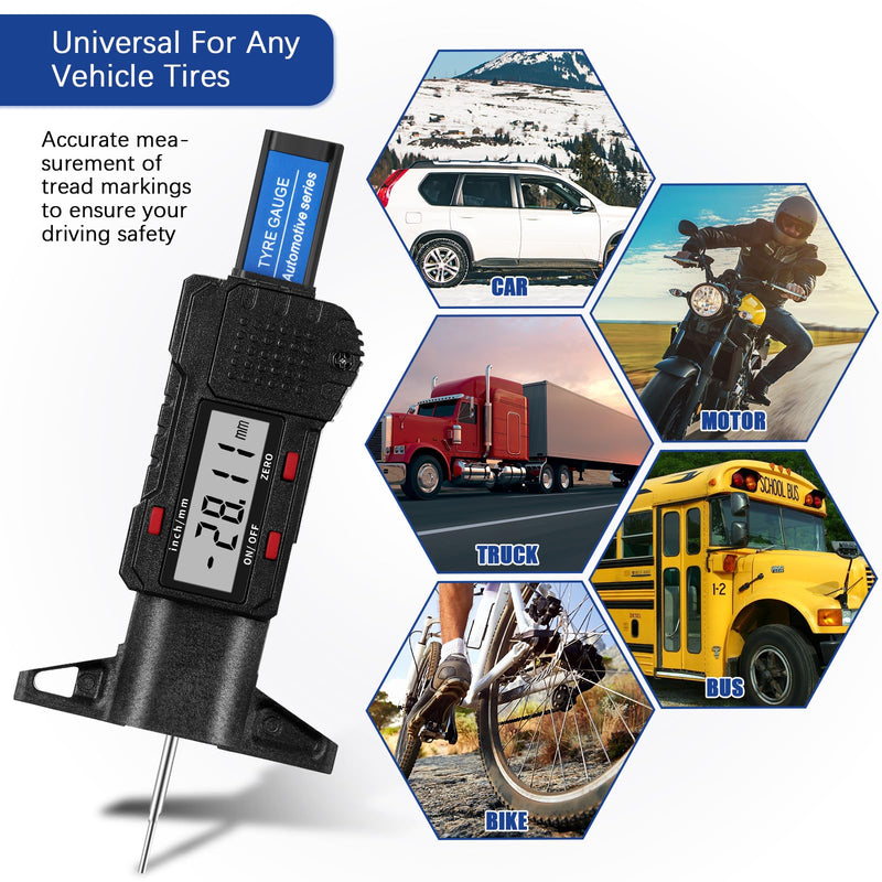 Frienda 6 Pieces Tire Tread Depth Gauge Tool Digital LCD Display Tread Checker with Inch and mm Conversion for Motorcycle, Car, Truck and Bus, Silver, Black, Blue