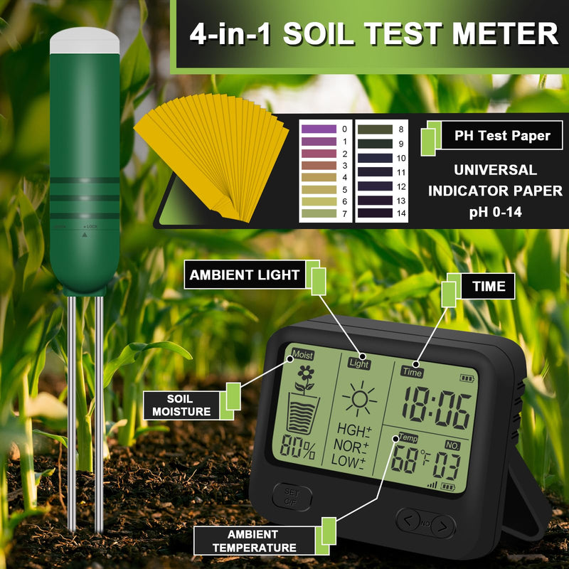 4-in-1 Wireless Soil Moisture Meter/Thermometer/Sunlight/Time,PH Paper, Waterproof Plant Moisture Sensor Meter with Digital LCD Display for Garden, Lawn and Indoor Plants 4-in-1 Display+1 Sensor