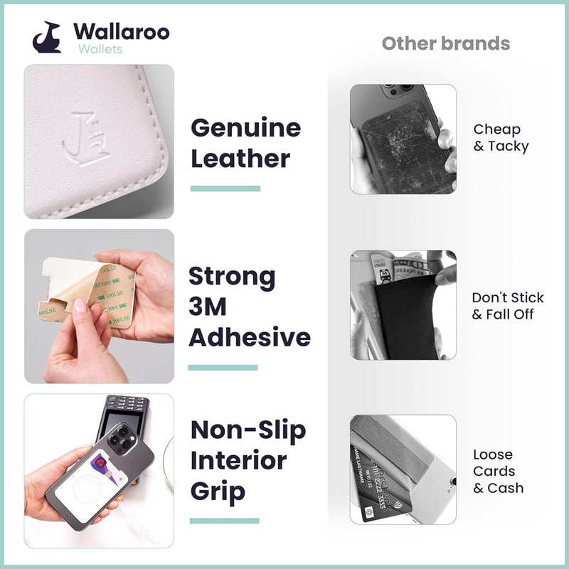 [Australia - AusPower] - Wallaroo Wallets Premium Leather Phone Card Holder with Stand - Non-Slip Interior Strong Adhesive Grip - Phone Wallet Stick - Slim, Lightweight & Durable - Compatible with Most Phones White 