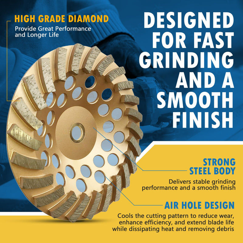 7" Diamond Grinding Wheels for Concrete or Masonry, 12 Turbo Segments, #30/40 Grit, Medium Bond, 7/8"-5/8" Arbor 7" Diameter - 12 Segments
