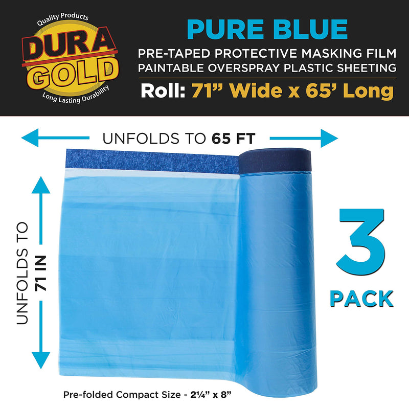 Dura-Gold 71" x 65' Pure Blue Pre-Taped Masking Film, (3 Pack) Painters Plastic Roll (0.4 Mil), Pull Down Drop Sheet, Pre-Taped Plastic Sheeting for Painting Protection on Auto, Walls, Furniture