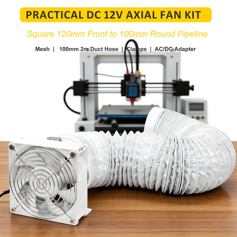 4in DC12V Fume Extractor Air Exhaust Fan Kit, White | 6.5ft Dryer Hose, 3000RPM 120*38mm, AC Controller, Dual Ball Bearings, For 3D Printer, 3D Laser, Grow Tent Model-B (with Duct Hose)