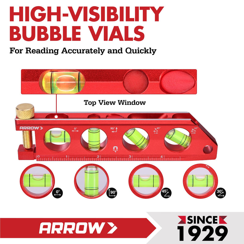 [Australia - AusPower] - ARROW 6.3-Inch Torpedo Level, Magnetic Leveler with 0°/30°/45°/90° Bubbles, Top-view Windows, Aluminium Alloy Frame, Dual Metric and SAE Scales & 17" Large Tool Bag with 36 Multipurpose Pockets 