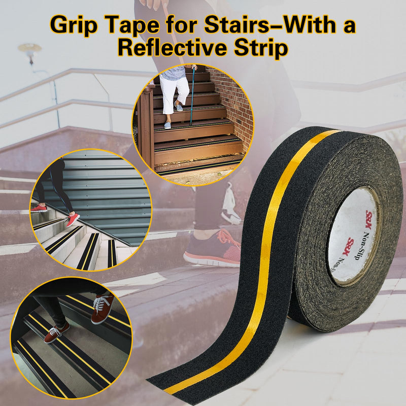 S&X Anti Slip Tape with Reflective Strip - 2 in x 60 FT Premium Grip Tape for Stairs Indoor & Outdoor Stair Tread Non-Slip High Visibility Strong Adhesive Traction Tape 2" X 60' Black/Reflective