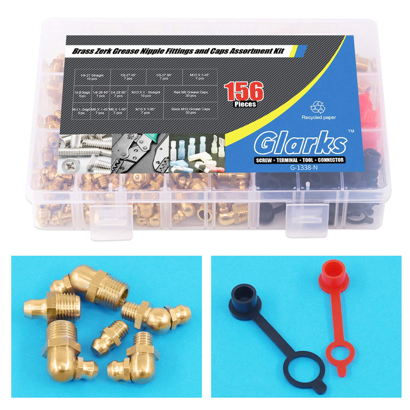 [Australia - AusPower] - Glarks 156Pcs Metric & SAE Straight and 45 Degree and 90 Degree Hydraulic Grease Brass Zerk Grease Nipple Fitting with 60Pcs M6 M10 Caps Assortment Kit 