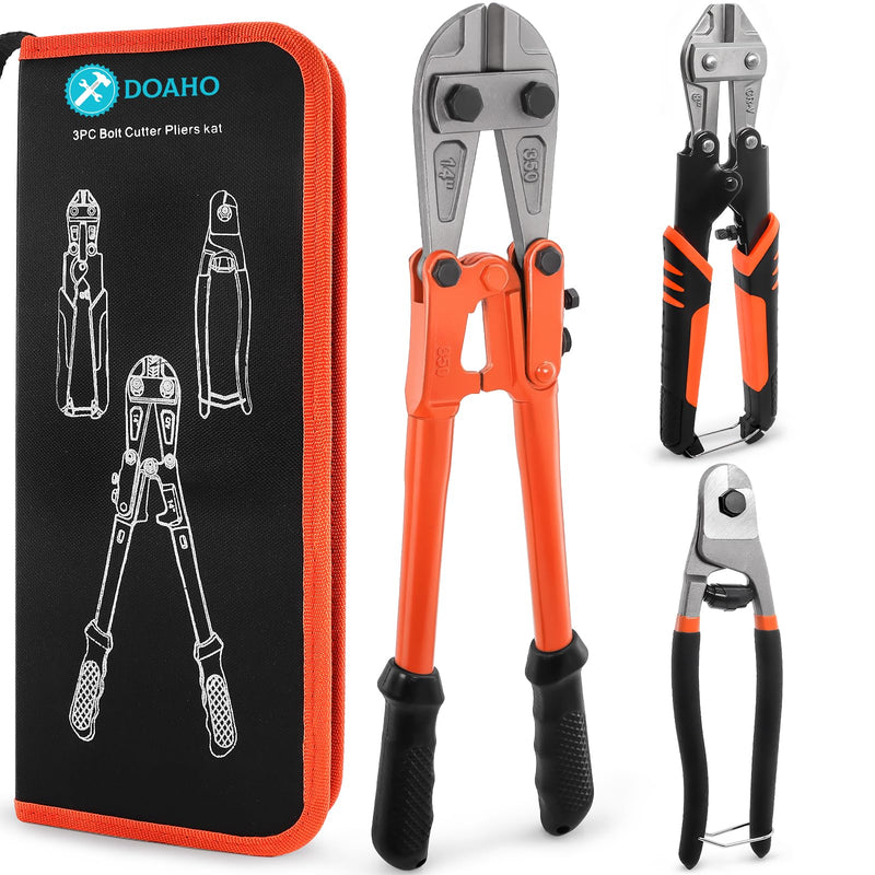3Pcs Bolt Cutter Set with 14" Heavy Duty Bolt Cutter,8" Mini Bolt Cutter,8" Wire Rope Cutter & Storage Bag for Cutting Locks,Padlocks,Chains,Steel Cable,Barbed Wire,Iron Rod,Metal,Fence