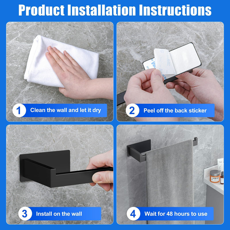 Self-Adhesive Bathroom Hardware Set 5 Pieces, Matte Black Stainless Steel Towel Bar Set, Includes 24Inch Single Rod, Towel bar,Toilet Paper Holder, Single Hook, Bathroom Towel Rack Set (Matte Black)