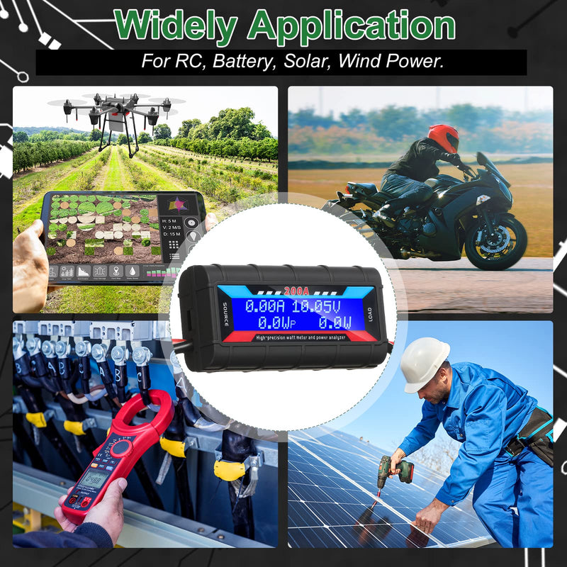 [Australia - AusPower] - Yunsailing 2 Pcs 200A High Precision Watt Meter Power Analyzer Battery Consumption Performance Monitor Amp Meter Monitor with Backlight Digital LCD Screen for RC Solar Voltage Current Power (100V) 100V 