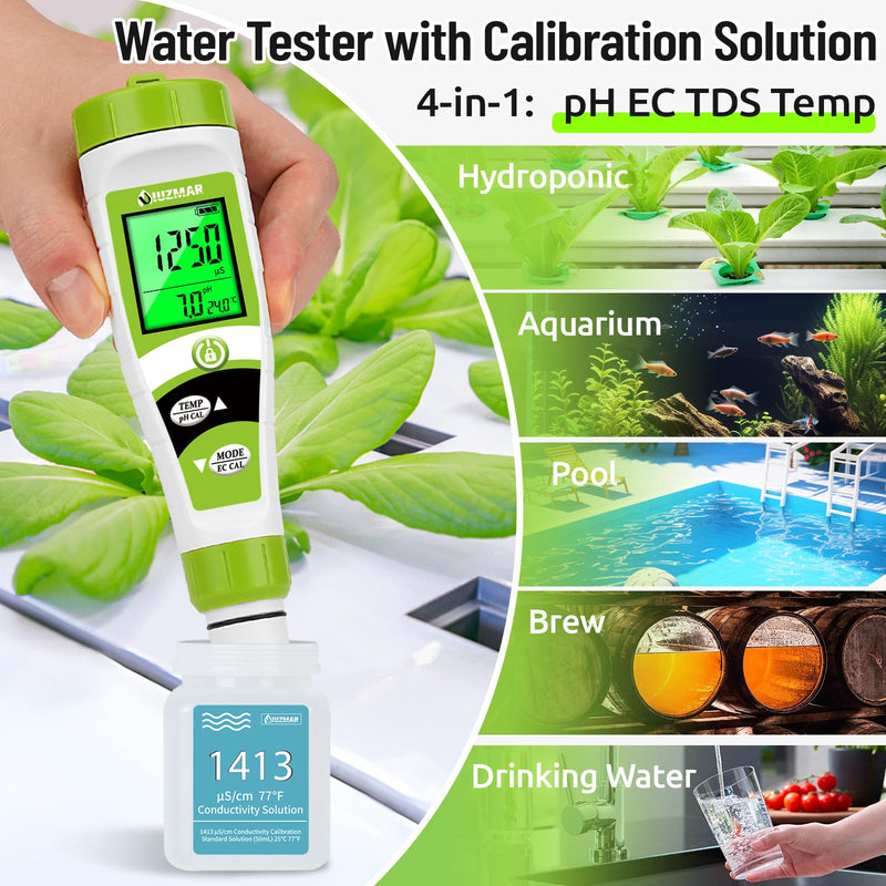 [Australia - AusPower] - UIUZAMR pH Meter for Hydroponics PPM EC Meter for Water Hydroponics Simultaneously Display Tester for Plant Nutrients pH Conductivity Meter for Reservoir Tank Hydroponic Water System 4 in 1 Tester with Solution 