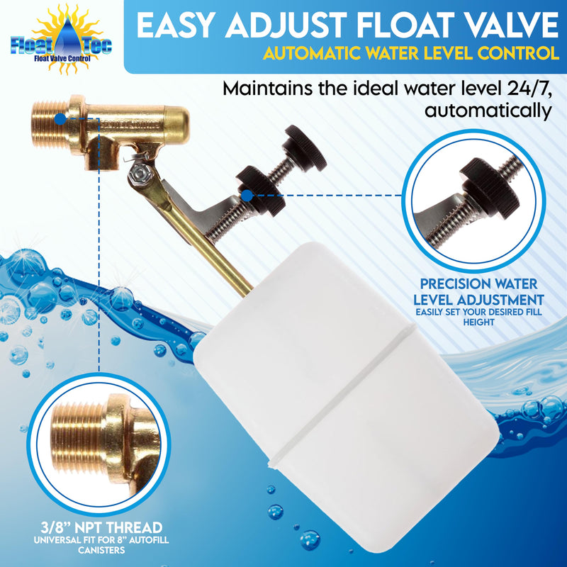 [Australia - AusPower] - Float Tec EZ Adjust Brass Replacement Float Valve 3/8" NPT Male Threads with 3" arm for Autofill, Pools, Spas, Water fountains, Livestock Water Trough, Water Tanks Fits 8" Canister 7 1/4" Long 