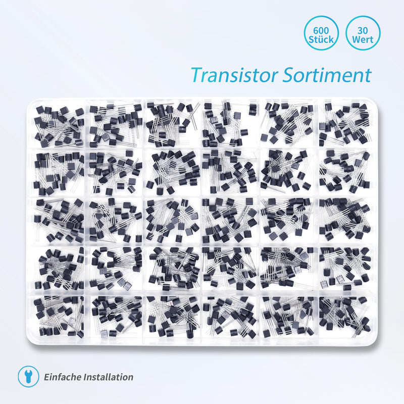 30 Values 600 Piece Transistor Set PNP NPN Transistors SS8050 SS8550 BC546 BC547 BC548 BC549 BC550 BC556 BC557 BC558 BC559 2N2222 2N2907 2 NN3904 2N3906 2N4401 2N5401 2N5551 BC327 BC337 S8050 S8
