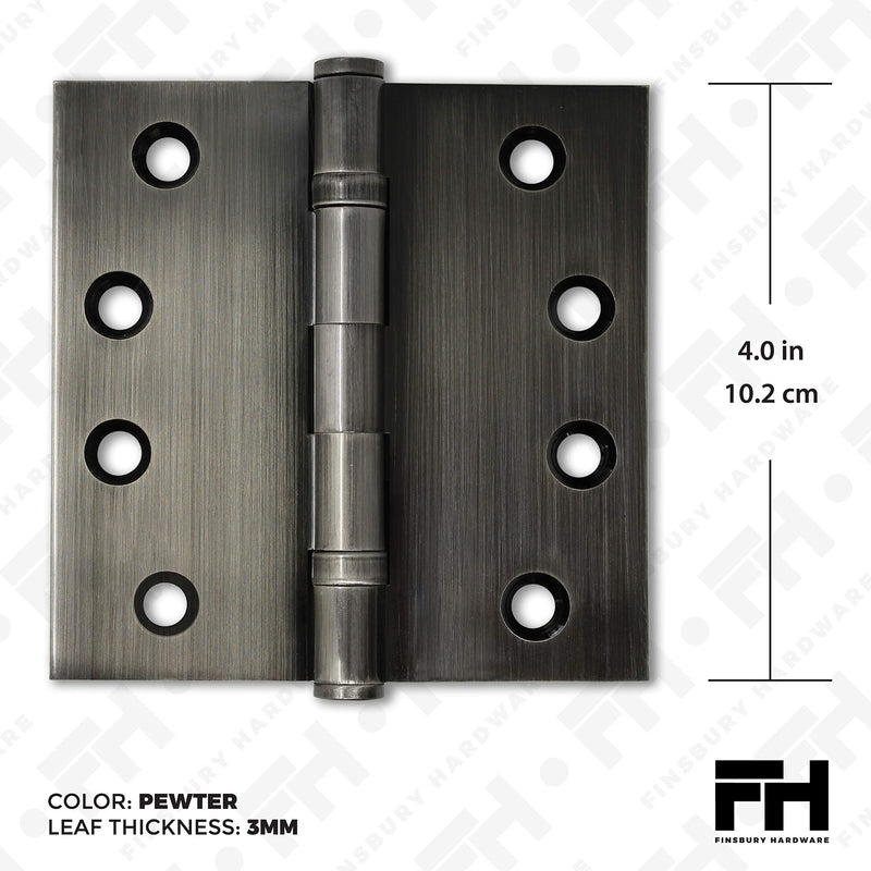 Solid Brass Door Hinge Heavy Duty Ball Bearing Polished 4x4 Inch - Set of 2 Hinges (Pewter) Pewter