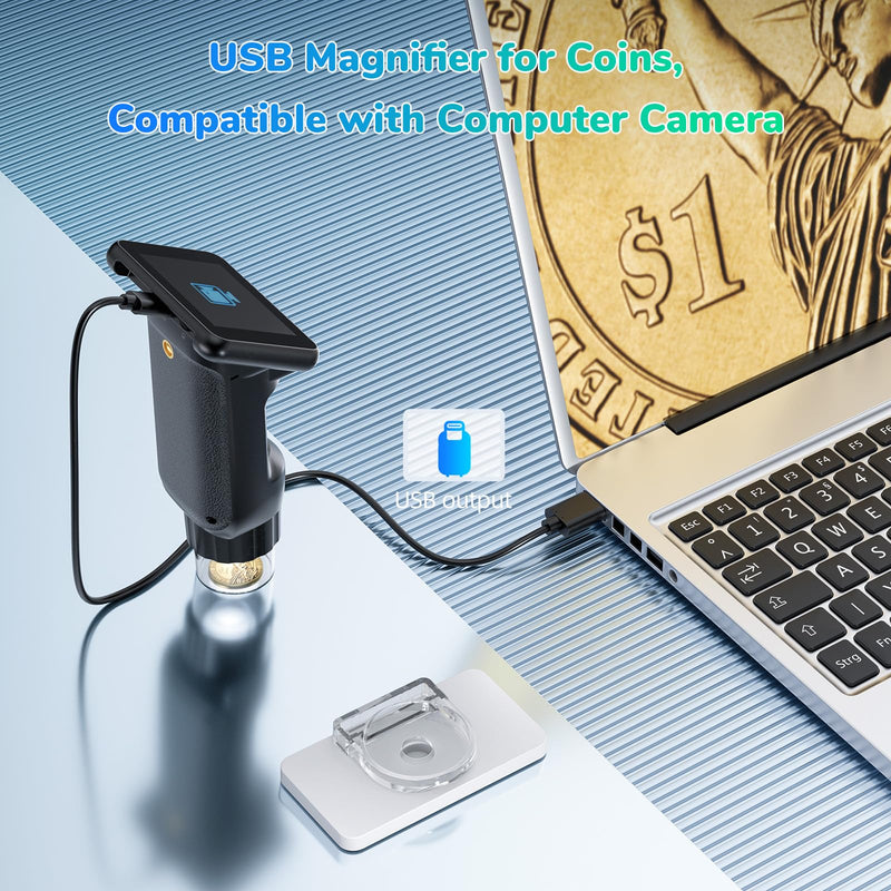 LM013 Portable Digital Microscope with 2.8" LCD Screen, Handheld Microscope Kit for Kids 8-12, Pocket USB Coin Camera Magnifier for Adults with 8 LED Lights, Microscope Slides Black+Base