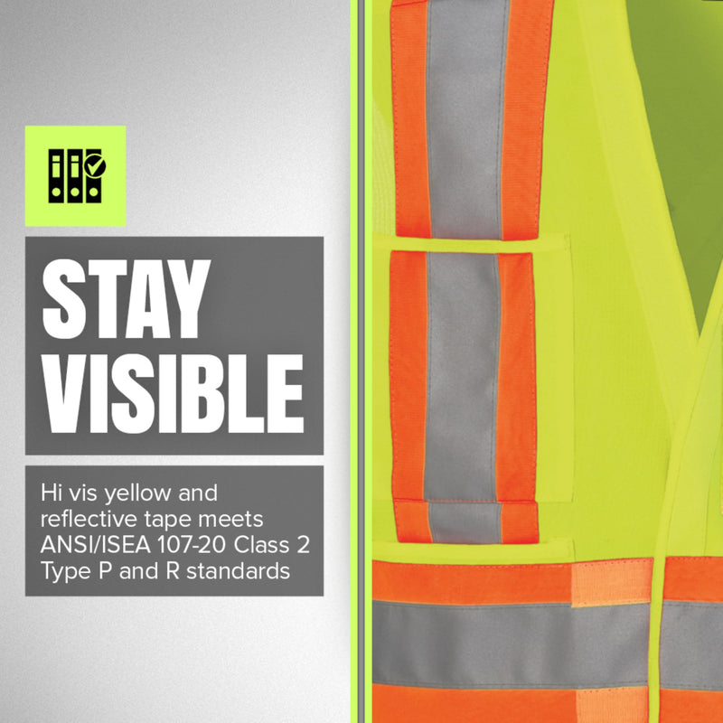 Pioneer Hi Vis Tear-Away Safety Vest for Men and Women - Reflective Tape ANSI Class 2, 4 Pockets, Adjustable Front XX-Large-3X-Large Yellow/Green