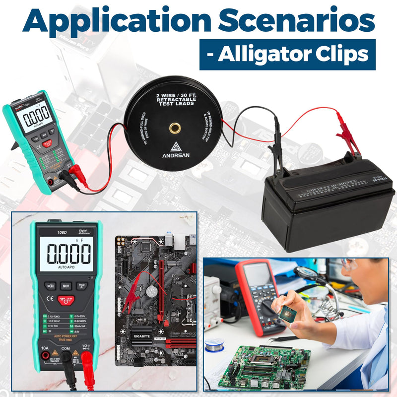 [Australia - AusPower] - 2 Wire 30 ft Retractable Test Leads with 4 mm Banana Plugs, 18 AWG Multimeter Test Leads with 4 Alligator Clips, 2 Test Probes and 2 Wire Piercing Probes, Test Lead Kit for Testing Electrical Circuits 