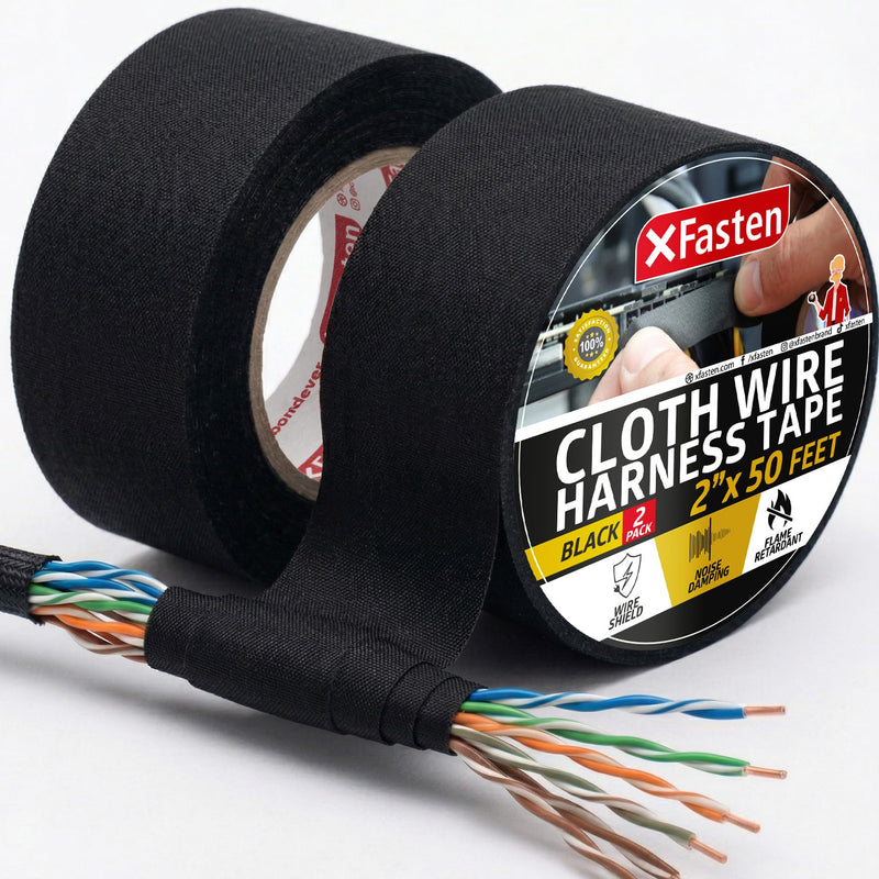 XFasten Wire Harness Tape, 2 Inches x 50 Feet (2-Pack), High Temp Wiring Loom Harness, Self-Adhesive Felt Cloth Electrical Tape for Automotive Engines, Noise Dampening, and Cable Protection 2-Inch x 50-Feet (2-Pack) Black