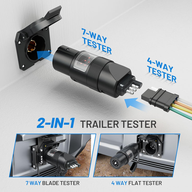 MECMO 360° Rotatable 7 Pin & 4 Pin Circuit Tester Adapter w/ 6 LED Indicators, Swivel 7 Way Blade to 4 Way Flat Connector Plug Tester for RV Pickup Truck Tow Hitch Towing Vehicle Trailer Wiring Socket