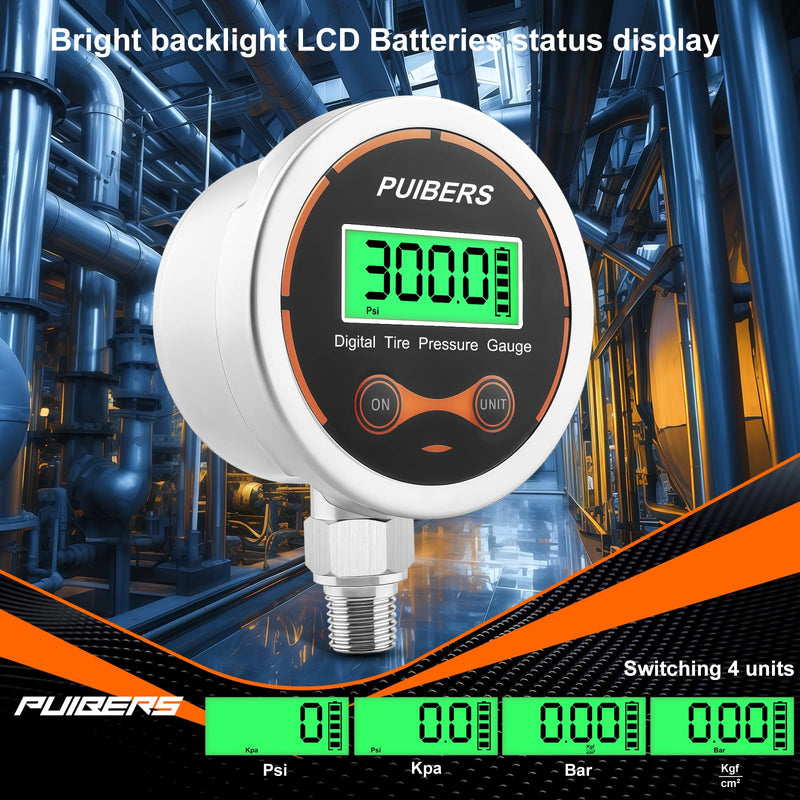 [Australia - AusPower] - 300 Psi Digital Water Pressure Gauge 1/4 NPT Lower Mount，Media Water, Air or Oil Pressure Gauge 304 Stainless ±0.25% Accuracy,Suitable for Home Water Pipe, HVAC,Air Pressure Measuring 300 PSI 