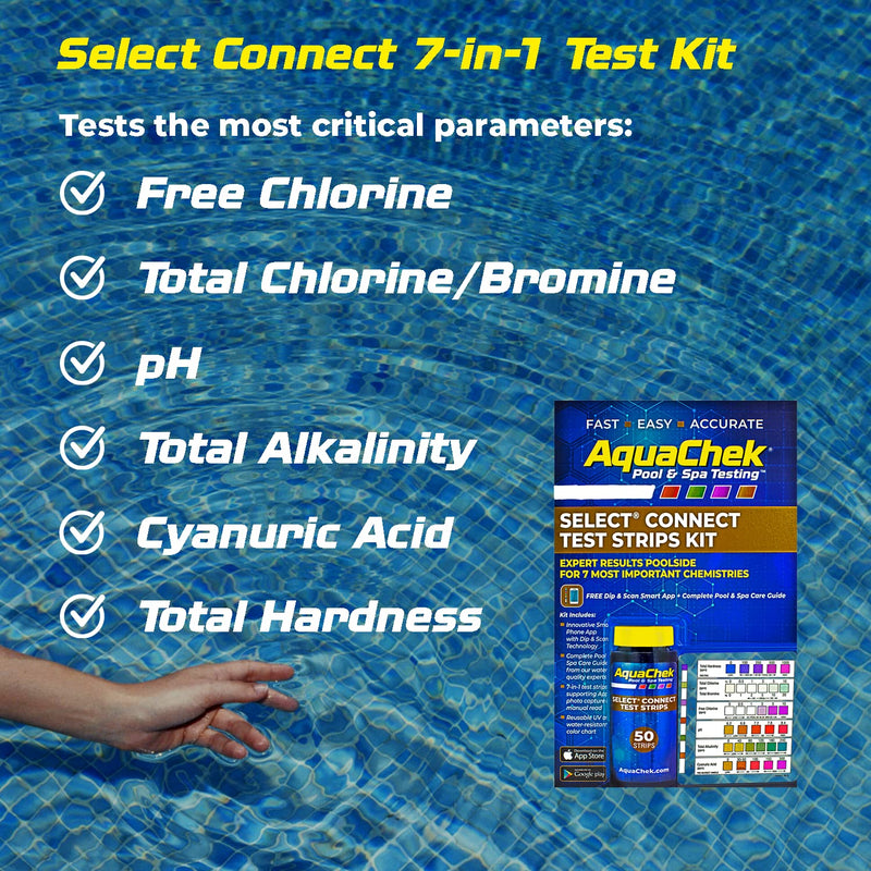 [Australia - AusPower] - AquaChek Select Connect 7-Way Pool and Spa Test Strips Complete Kit - Pool Test Strips for pH, Total Chlorine, Free Chlorine, Bromine, Alkalinity, Total Hardness, and Cyanuric Acid - (50 Strips) 1-Pack 