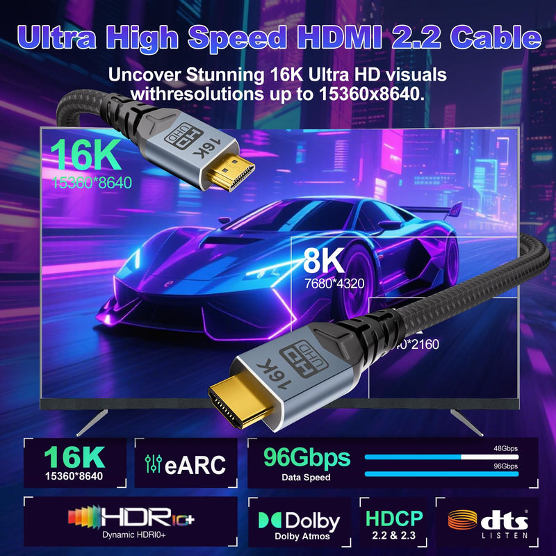 hdmi 2.2 Cable 6.6ft,16K HDMI Cable 96Gbps, Ultra High Speed HDMI 2.2 Cable, 16K@60Hz 8K@120Hz 4K@480Hz HDCP 2.2&2.3, Dynamic HDR, eARC,DTS:X, Compatible with Roku TV/HDTV/Blu-ray/Projector 2M/6.6FT