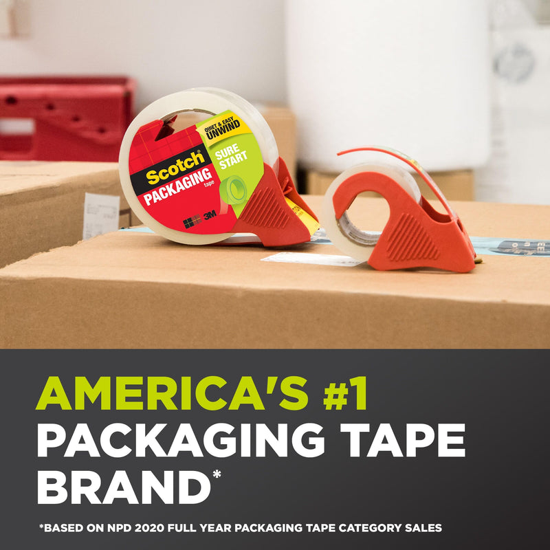 Scotch Sure Start Packing Tape, Clear, Quiet Unwind and Easy Start, 1.88 in. x 22.2 yd., 6 Tape Rolls with Dispensers 6 Rolls