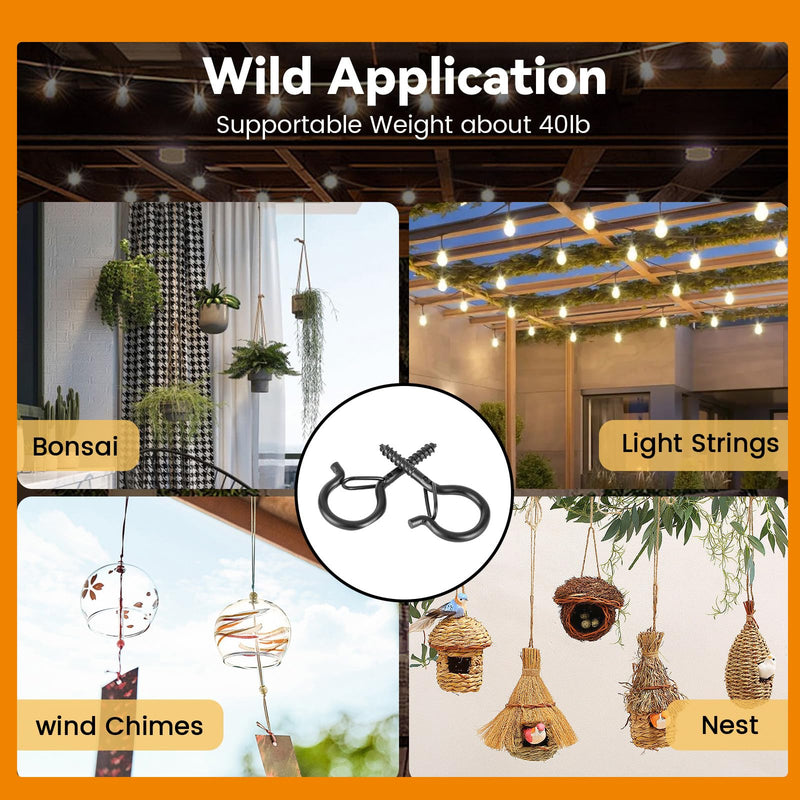 [Australia - AusPower] - 30 PCS Q-Hanger Hooks with Safety Buckle, Windproof Screw Wall Ceiling Hooks for Outdoor String Lights Hanging Christmas Lights, Plants, with 1 Wing Nut Driver Black 30 Pack 