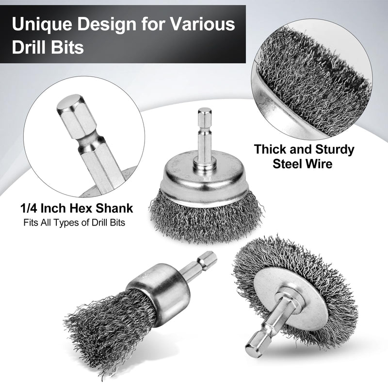 [Australia - AusPower] - 6PCS Professional Wire Wheel Brush Set, Carbon Steel Cup Wire Brush for Drill with 1/4 Inch Hex Shank, Wire Brushes Drill Attachments for Cleaning Rust Removal, Corrosion & Scrub Surfaces, Drill Brush 