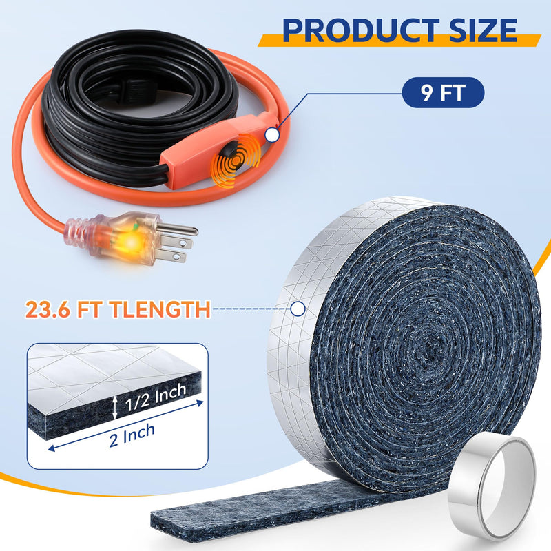 Saillong Heat Tape for Water Pipes & Pipe Wrap Insulation with Tape, Self Regulating Heat Cable, Cotton Water Pipe Insulation Wrap for Freeze Protection RV(9ft,23.6ft) 9FT,23.6FT
