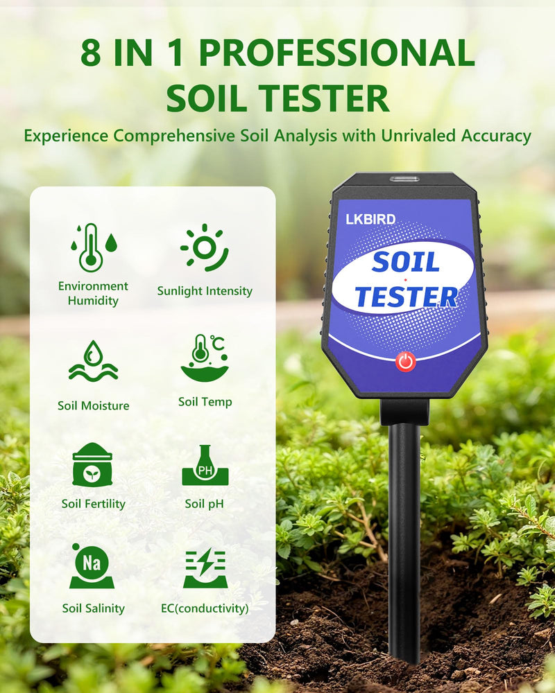 [Australia - AusPower] - 8-in-1 Soil Moisture Tester with APP Monitoring, Soil Moisture pH Meter, Light, Salinity, Fertility, EC, Temperature, Humidity Soil Test Kit for Garden, Farming, Lawns, Indoor & Outdoor Plants. 