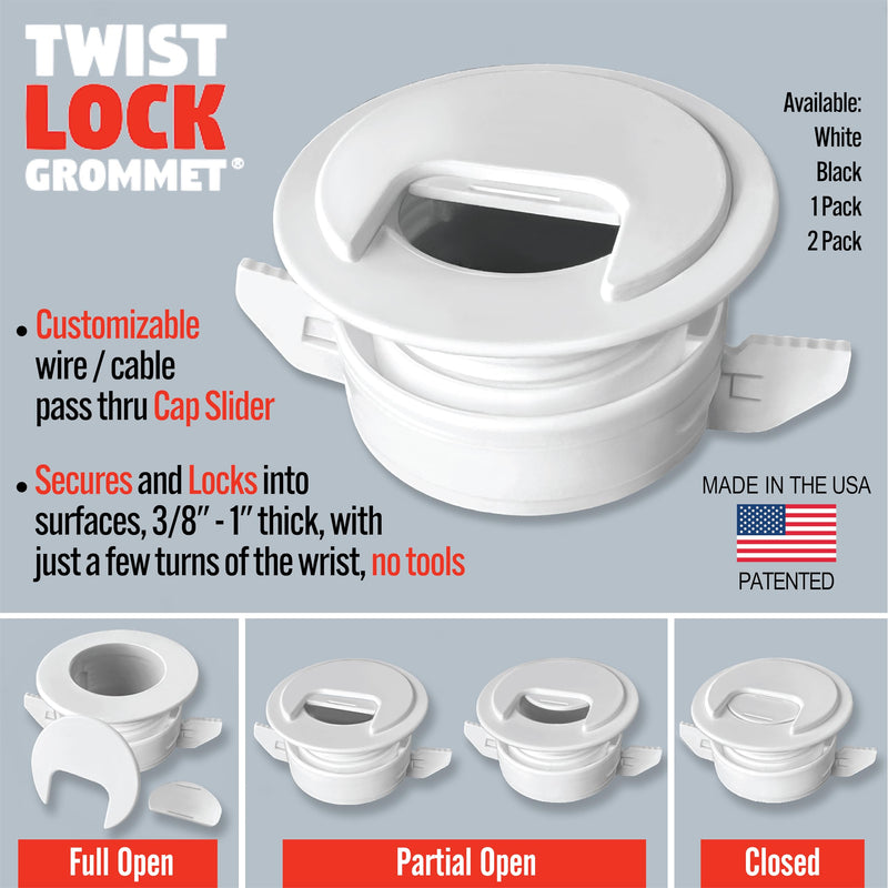 [Australia - AusPower] - 2PK White Patented: Only Cable, Wire, Cord Management Tool-Free Self-Securing/Locking Grommet and with Cap Slider, for Walls, Ceilings, Desks - Used for All Surfaces 3/8" to 1" Thick. Made in USA 2-Pack 