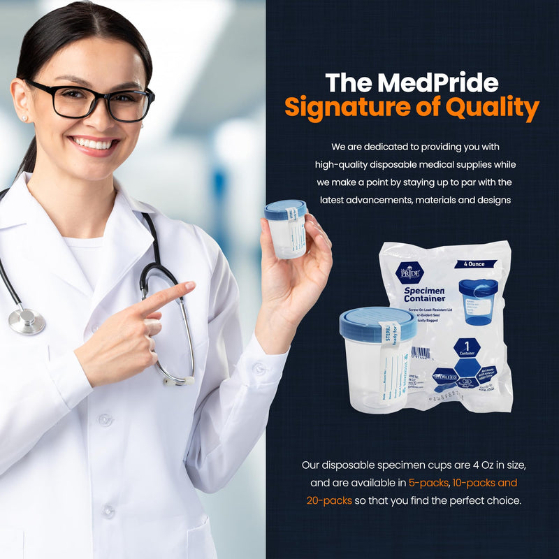 [Australia - AusPower] - MED PRIDE Disposable Specimen Cups 10-Pack| High-Grade Silicone, Sterile, Individually Wrapped Medical Cups W/Leakproof, Screw-On Lids & Tamper-Evident Seal| Urine, Fluid Sample Collection & More 