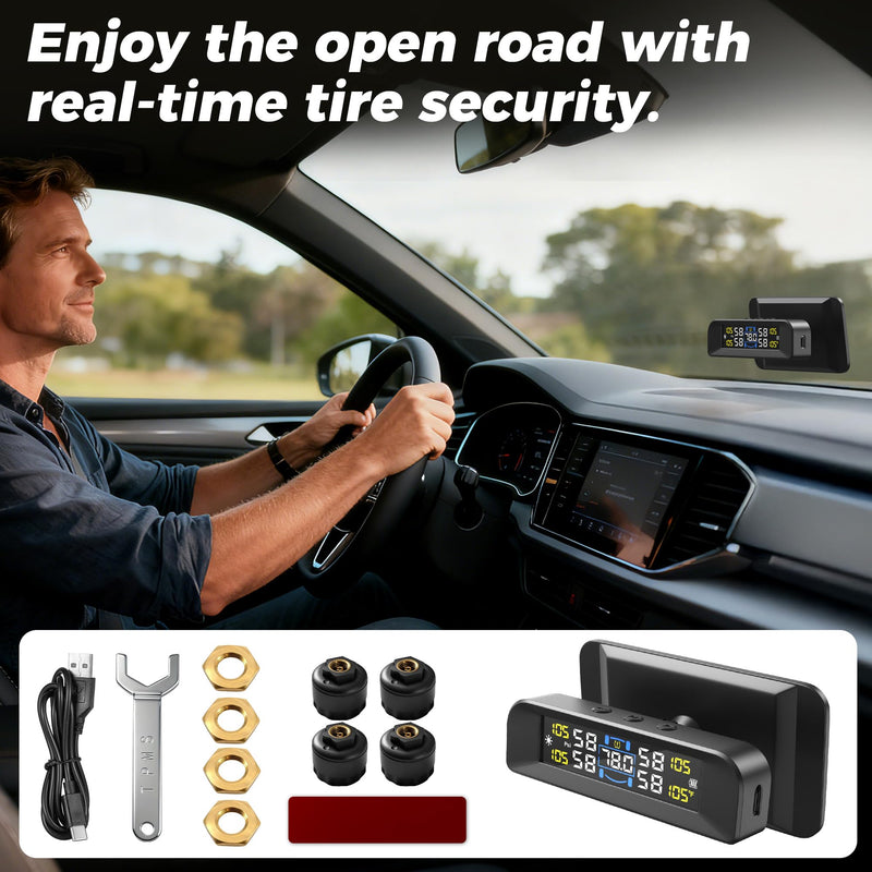 [Australia - AusPower] - 4 Sensors TPMS Tire Pressure Monitoring System, 6 Smart Safety Alerts, Adaptive Bright LCD, Solar/USB Charging, 0-6 Bar/87 PSI, Easy to Intall on Windshield for Car SUV MPV Trailer Truck 4 Sensor 0-87Psi 