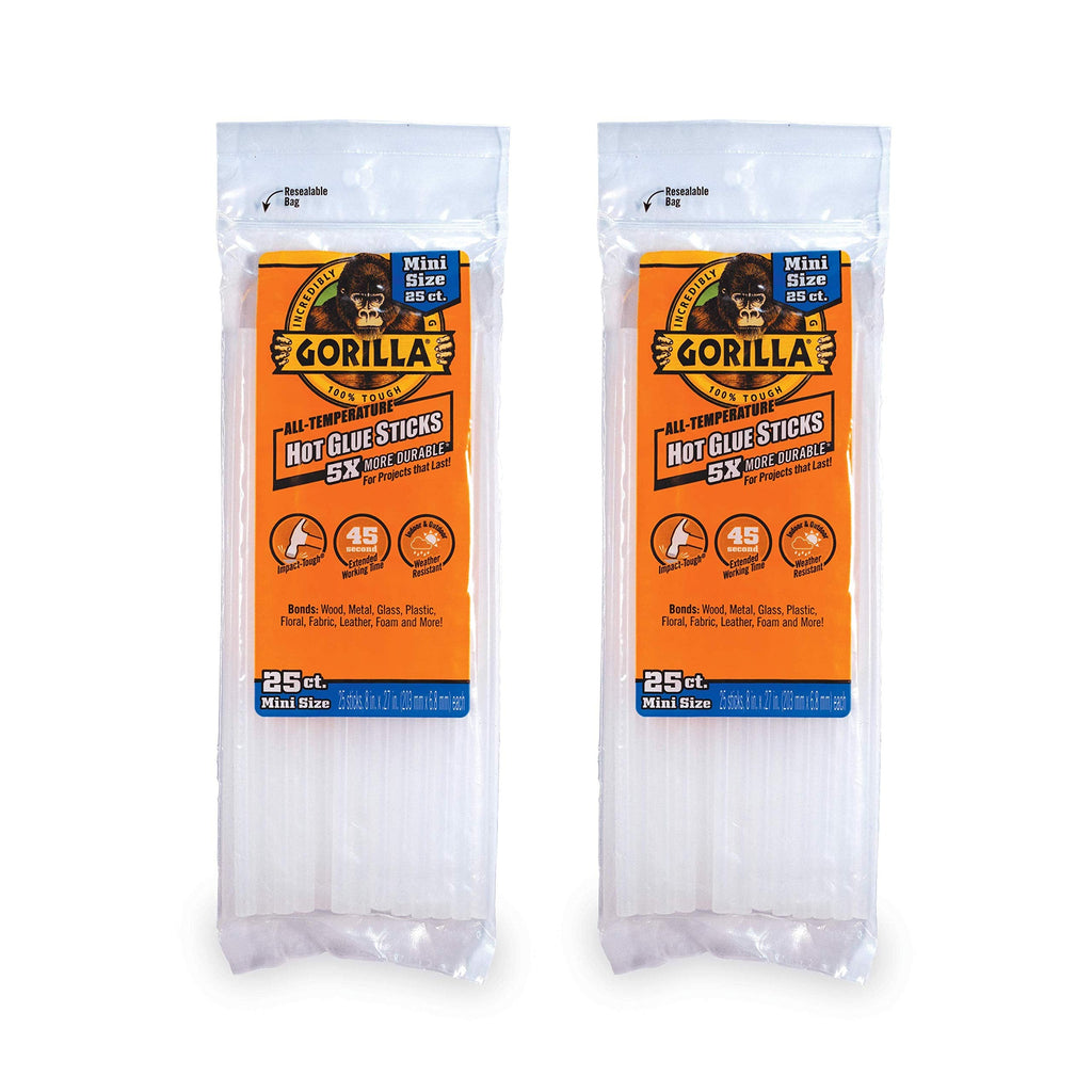 Gorilla Hot Glue Sticks, Mini Size, 8" Long x .27" Diameter, 25 Count, Clear, (Pack of 2)