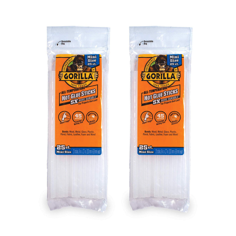 Gorilla Hot Glue Sticks, Mini Size, 8" Long x .27" Diameter, 25 Count, Clear, (Pack of 2)