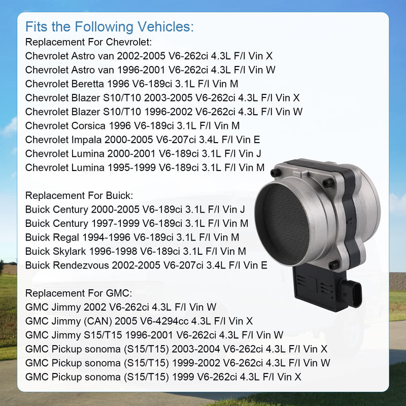 Mass Air Flow Sensor, Maf Sensor Compatible with Chevy Astro, Blazer, Impala, S10, Lumina - Gmc Jimmy, Sonoma - Buick Regal, Century, Rendezvous, Replaces 25008302, 2133458
