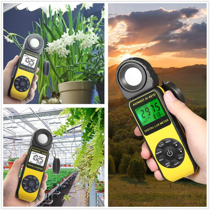 Digital Lux/Foot Candle Light Meter, AIOMEST Illuminance Lumen Tester 0.01~400,000 Lux, Handheld Luxometro AI-881D for LED Plant Grow Lighting, Luxmeter w/Data Logging & Rotatable Detector AI-881D (0.1~400,000Lux)